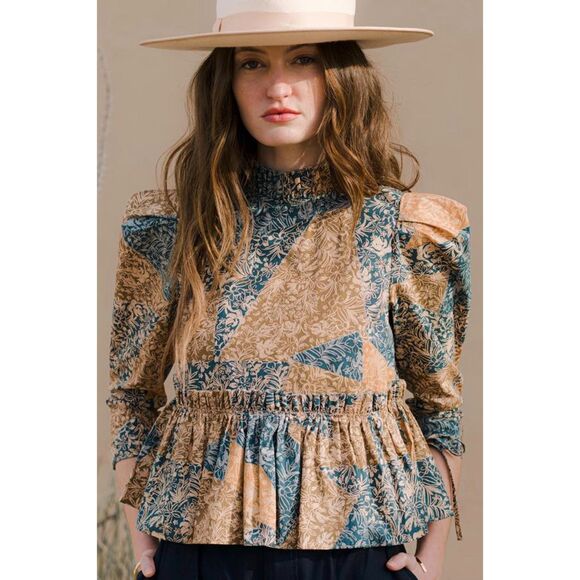 HUNTER BELL Tops - Hunter Bell Womens Willa Top Boho Floral Mock Ruffle Neck Puff Shoulder Sz Large